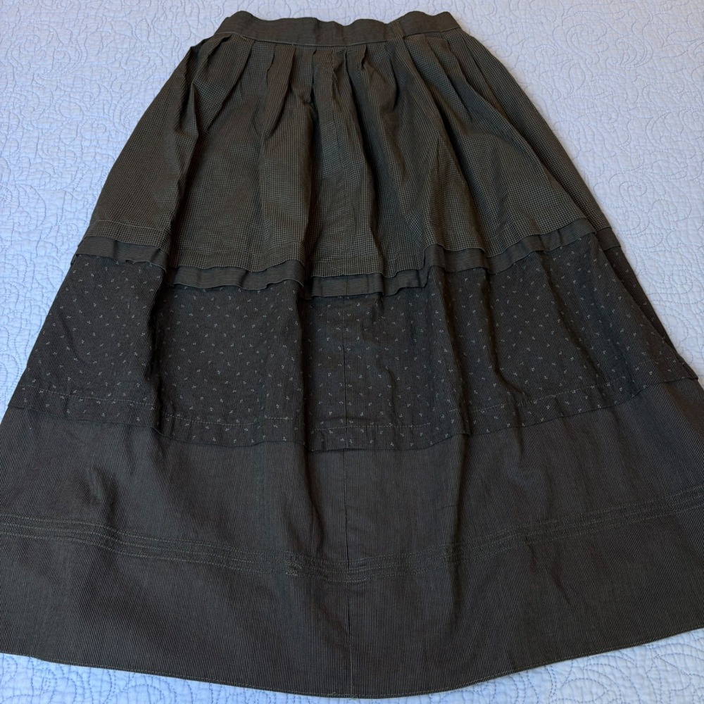 Vintage Yvonne Austria Tiered Midi Skirt Cotton Pleated Olive Charcoal Size 38